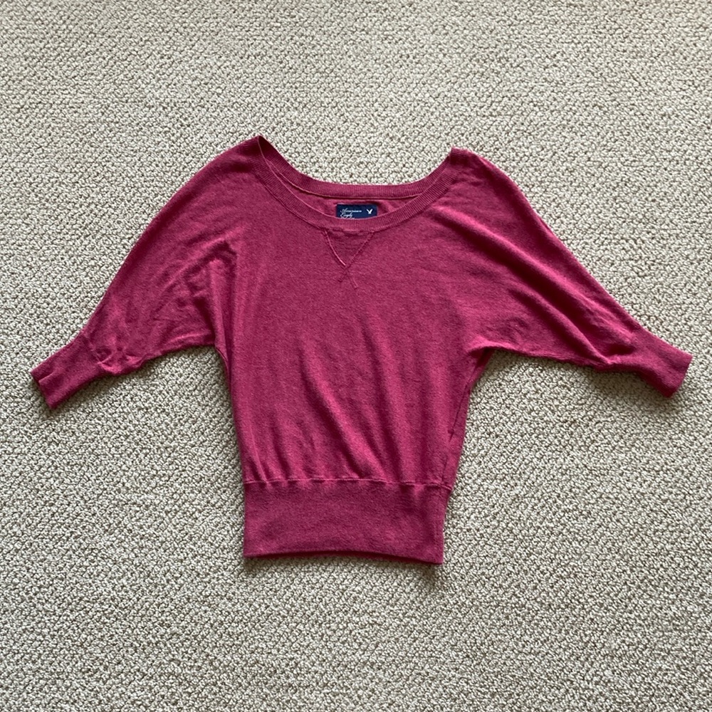 American Eagle Y2K Red Boatneck Slouchy Short Sleeve Sweater Pullover Soft XS